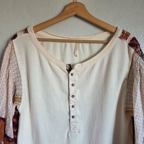 Free People Light Magic Henley Top Patchwork Balloon Sleeves Vanilla Creme Sz XS - Picture 3 of 11